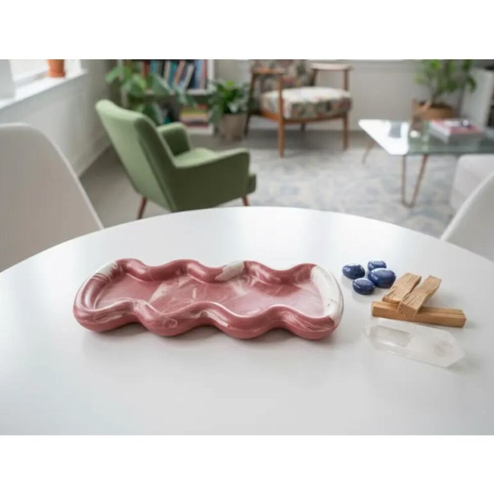 SUPRANOVA Handmade Jesmonite Wavy Tray Pink White Marble 12x6 Resin Art